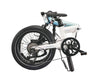A black and silver Qualisports foldable electric bike with a seat, handlebars, and wheels, displayed against a white background.